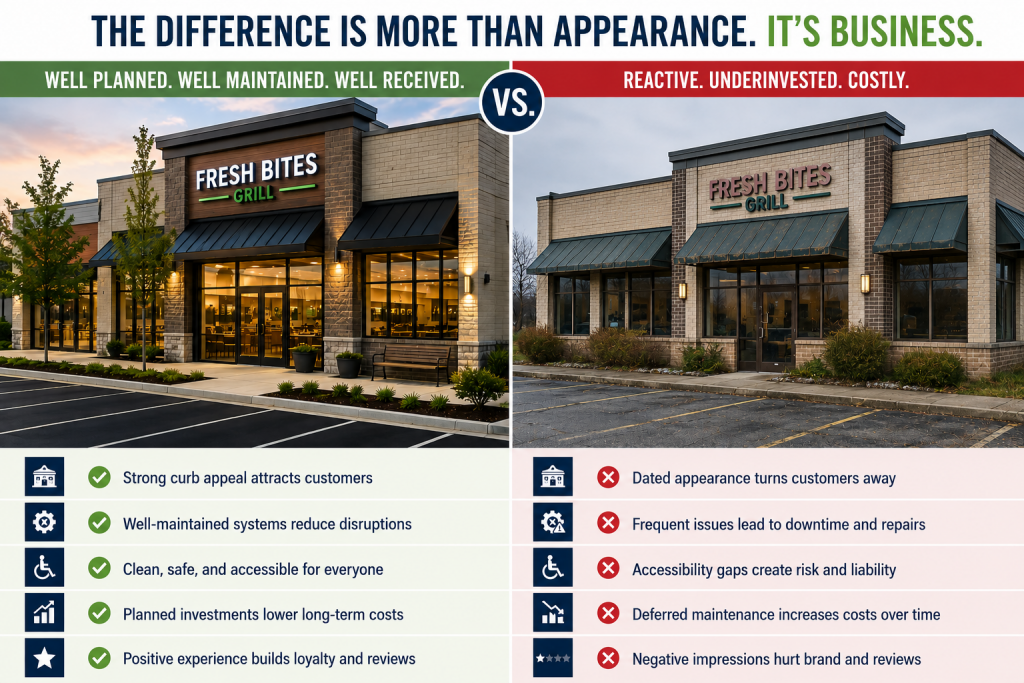 Strategic facility planning comparison — well maintained vs neglected retail building